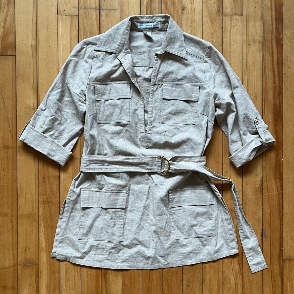 Saint Tropez West Linen Utility Belted Shirt Dress 3/4 Sleeve Beige size Small